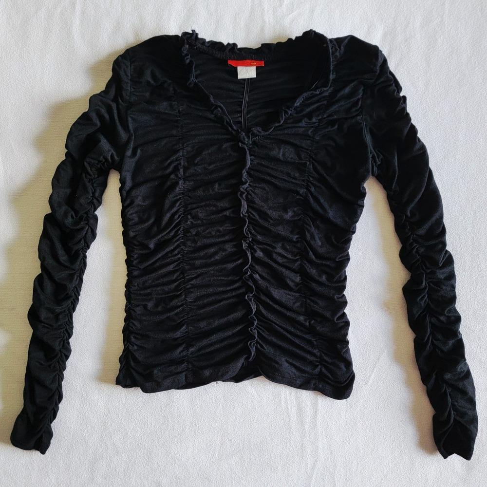 VTG 90s Picasso Ruched Black Top Women M Long Sleeve Y2K Gothic Coquette Grunge - Picture 4 of 10